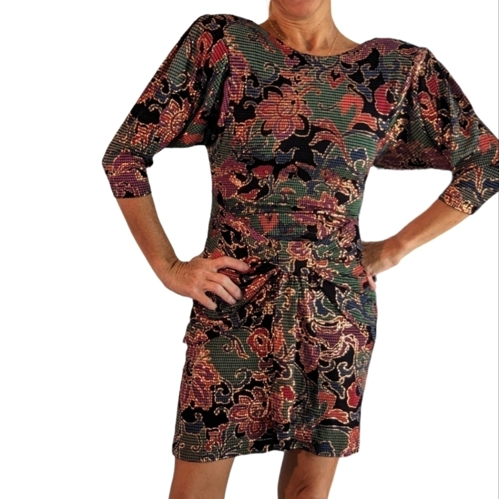 Vintage 80s Janine Petite Metallic Mosaic Cutout Back Dress Italian Fabric